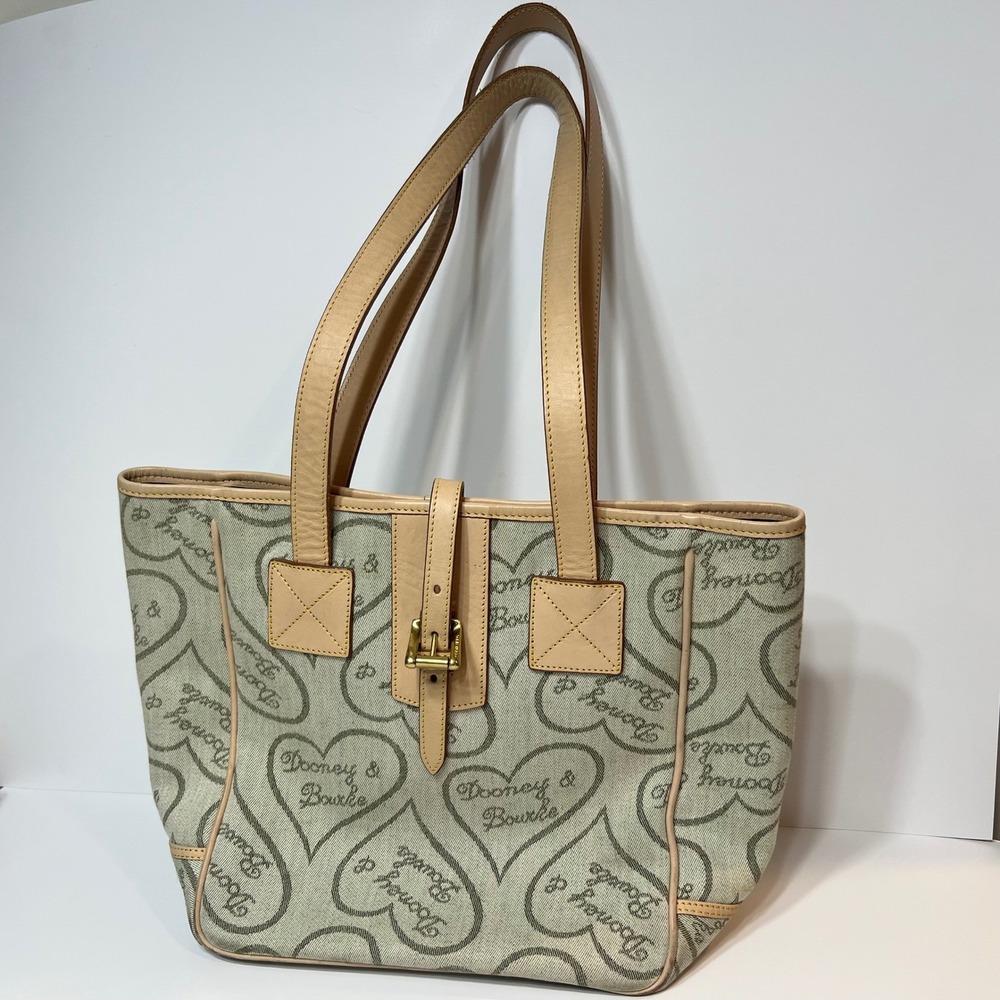 Vintage Dooney Bourke Heart Print Tote Bag Beige Tan Leather Trim Gold Buckle